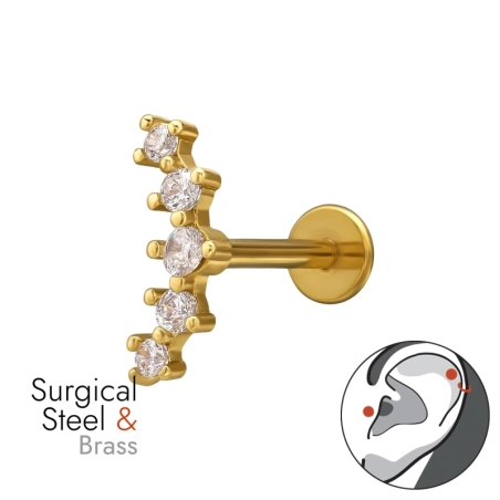 Piercing Do Horného Ucha S Tragusom, Helixom, Zlatým Náušníkom, Činka Z Nehrdzavejúcej Ocele A Mosadze, 1,2 X 8 mm (16 G). Ušné 