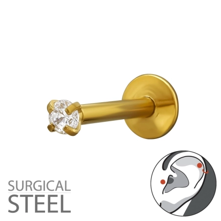Piercing Do Horného Ucha S Hrotom Helix, Zlatej Farby, 1,2X8 mm (16 G) S 2 mm Kryštálom Ušné zátky Észer | All4silver