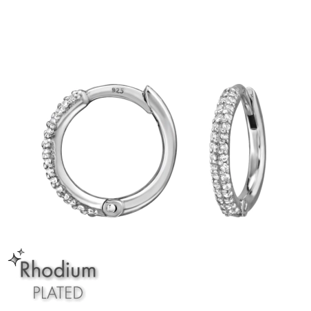 12 mm-Es Ródiumozott Karika Fülbevaló cirkóniával - 925 Ezüst Huggies